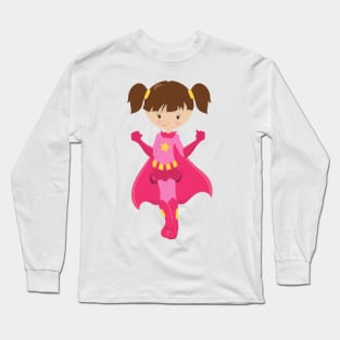 Superhero Girl, Brown Hair, Pink Cape, Cute Girl Long Sleeve T-Shirt